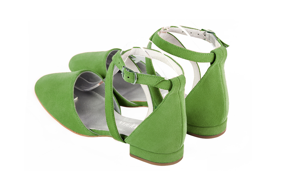 Grass green women's ballet pumps, with flat heels. Round toe. Flat block heels. Rear view - Florence KOOIJMAN
